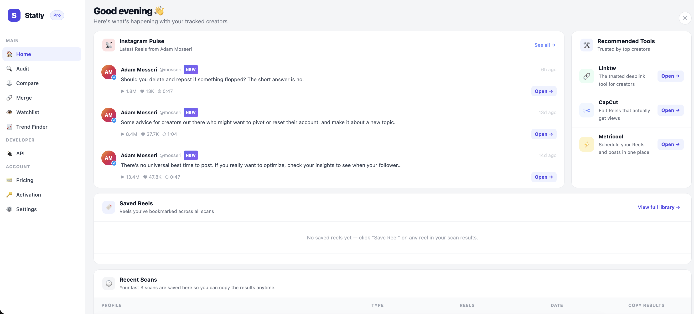 The Home dashboard and sidebar